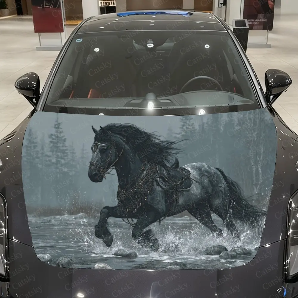Misty Forest Black Steed Splashing Car Vinyl Wrap, PVC Waterproof Car Hood Sticker, Self-Adhesive Scratch-Resistant Stickers