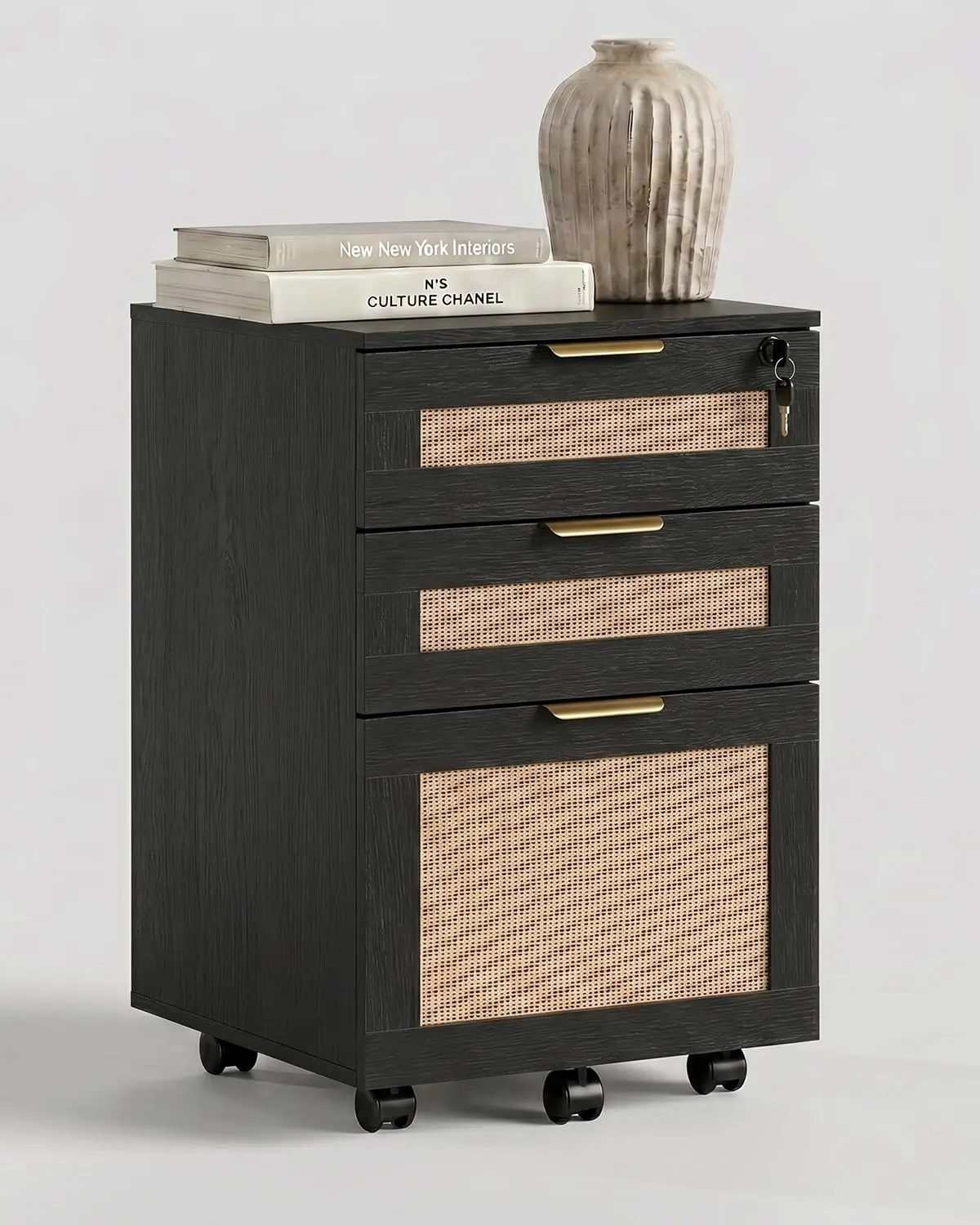Rattan Rolling Printer Stand File Cabinet Lock 3 Drawers Wooden Under Desk Filing Organizer Storage A4 Home Office, Customized