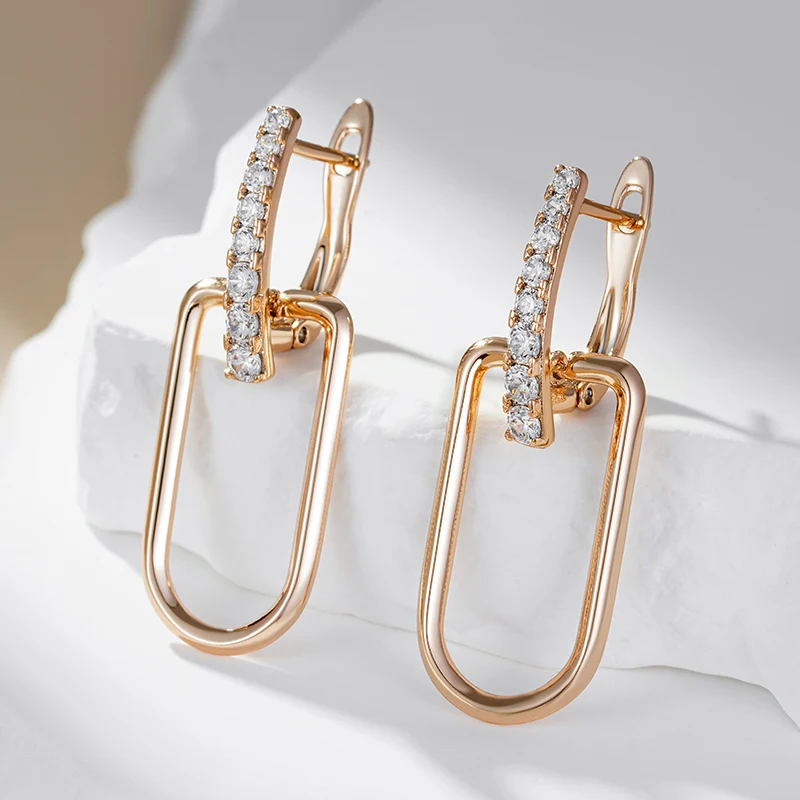 Kinel Fashion 585 Rose Gold Color Glossy Hollow Square Drop Earring for Women Unusual Shiny Natural Zircon Daily Fine Jewelry