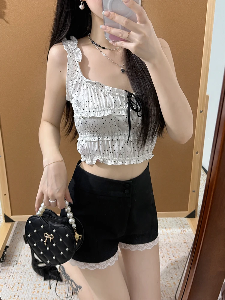 슬리밍 퓨어 디자이어 핫 걸 세트 여성 여름 2025 폴카 도트 레이스 트림 스트랩 베스트 A라인 투피스 세트 패셔너블