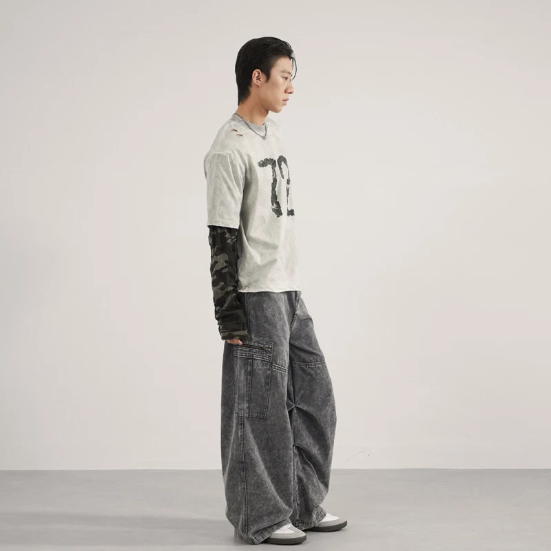 Niche Deisgn Men's Casual Pants Tie Dye Contrast Color Pleated Design Zipper Patchwork Wide Leg Curved Knife Bottom