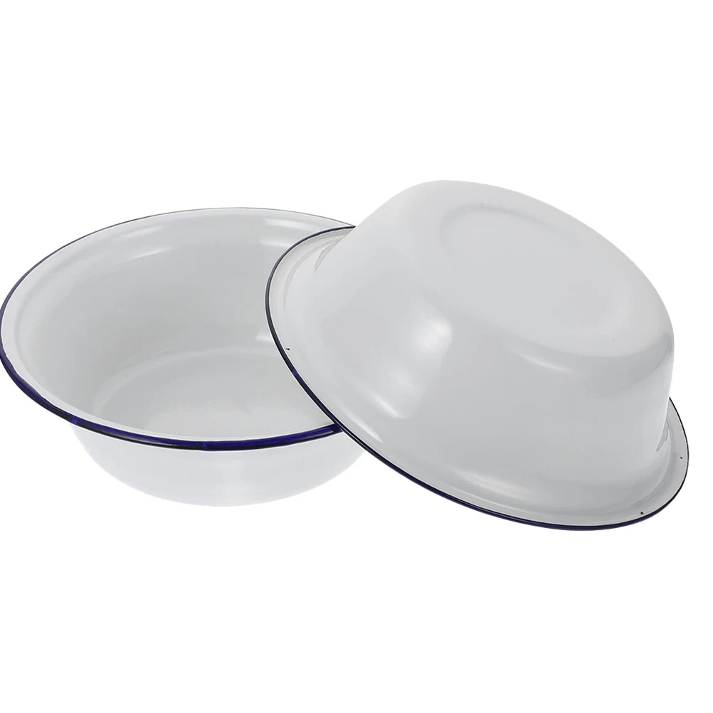 

2 Pcs White Enamel Bowl Retro Kitchen Basin 20cm Deep Soup Holder Lard Mixing Fruit Storage Decorative Household