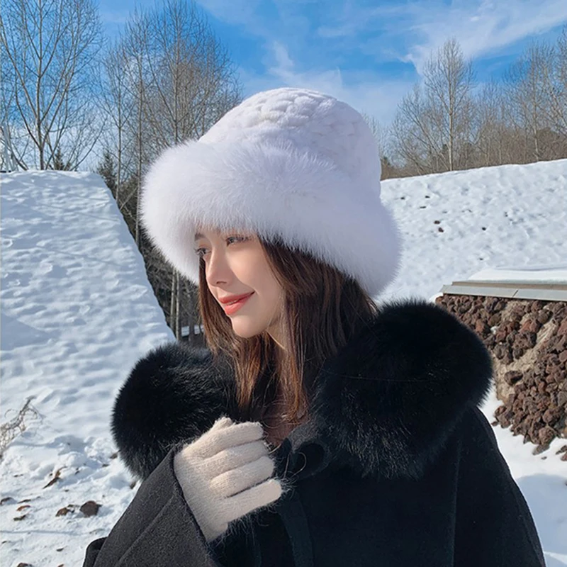 New Style Female Fashion Knitted Fluffy Real Rex Rabbit Fur Hat Women Outdoor Winter Warm Natural Fox Fur Hats Lady Knit Fur Cap