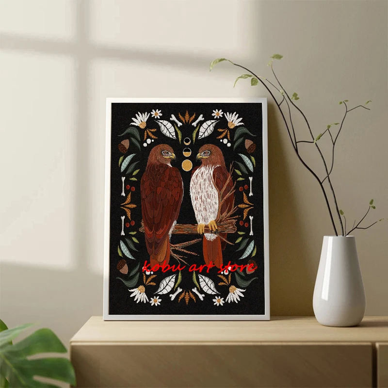 Red Tailed Hawks Bird Folk Art Poster Birds of Prey Botanical Witchy Celestial Canvas Printing Dark Wall Art Picture Home Decor