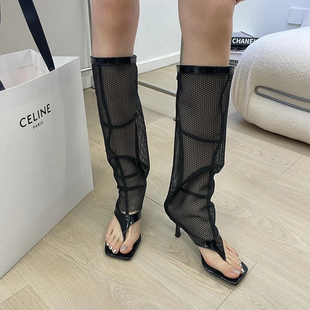 Fashion Women Knee High Boots Air Mesh Thin High Heels Summer Dress Shoes Back Zipper Clip Toe Fashion Party Pumps Size 35-39