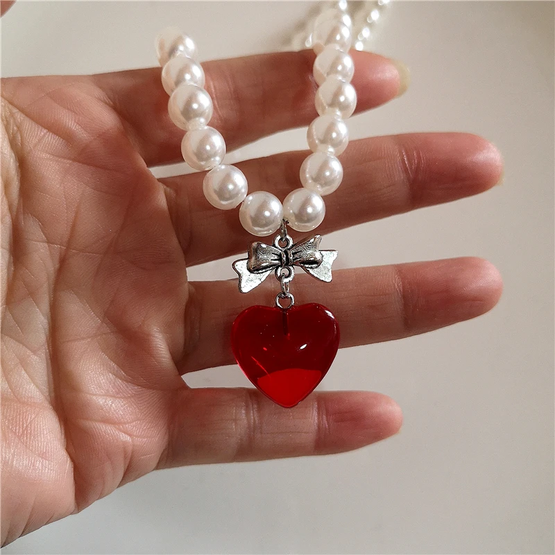 Goth Y2k Aesthetic Cherry Strawberry Pendant Pearl Beaded Necklace For Girl Vintage Cute Kawaii Charms EMO Jewelry Accessories