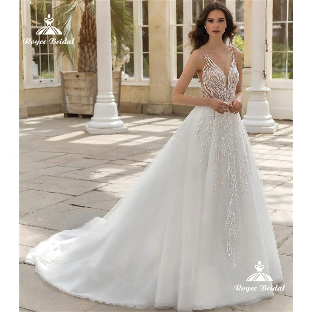 Roycebridal-Robe de mariée à col en V A Line, robe de mariée, train de cour, trio, élégante, éducative, 2025