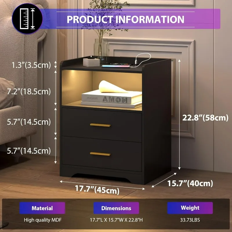LED Nightstand with Charging Station, Smart Bedside Table with 24-Color RGB LED Lights, Charging Nightstand
