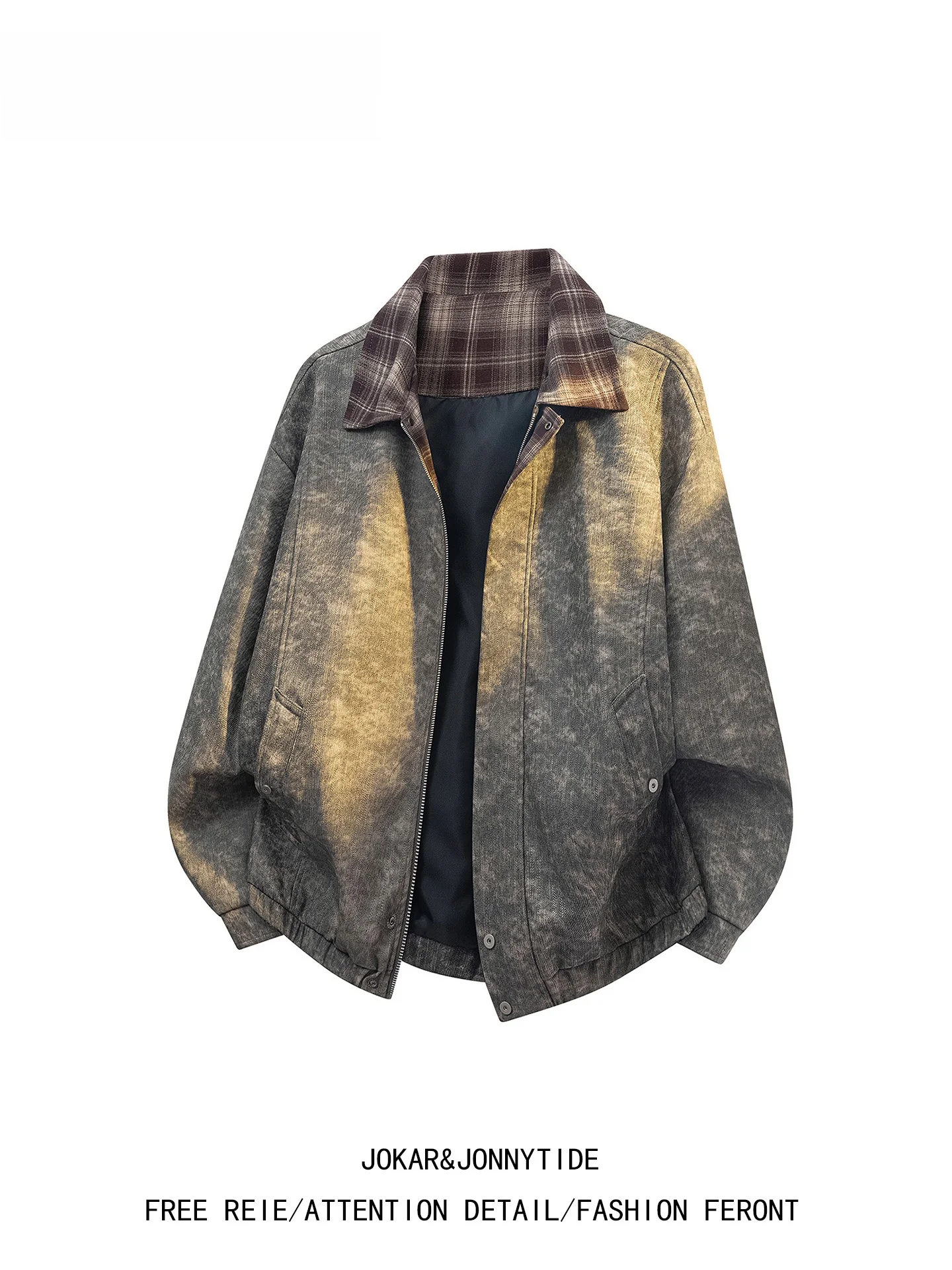 

JOKARJONNY American Plaid Splicing Collar PU Leather Jaet Men's Loose Casual Jaet Autumn Trend Brand Zipper Closure