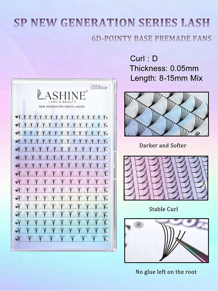 LASHINE NEW-TECH One Piece Molding No glue Spire Lashes 6D Pointy Base 0.05mm D Curl 8-15mm Mix Premade Fans Eyelash Extensions