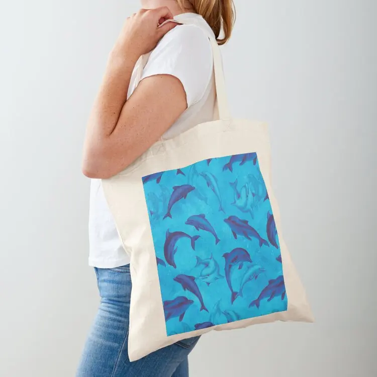 Blue Dolphins On Grunge Blue Background Tote Bag supermarket folding bag canvas tote bags shopper bag woman great
