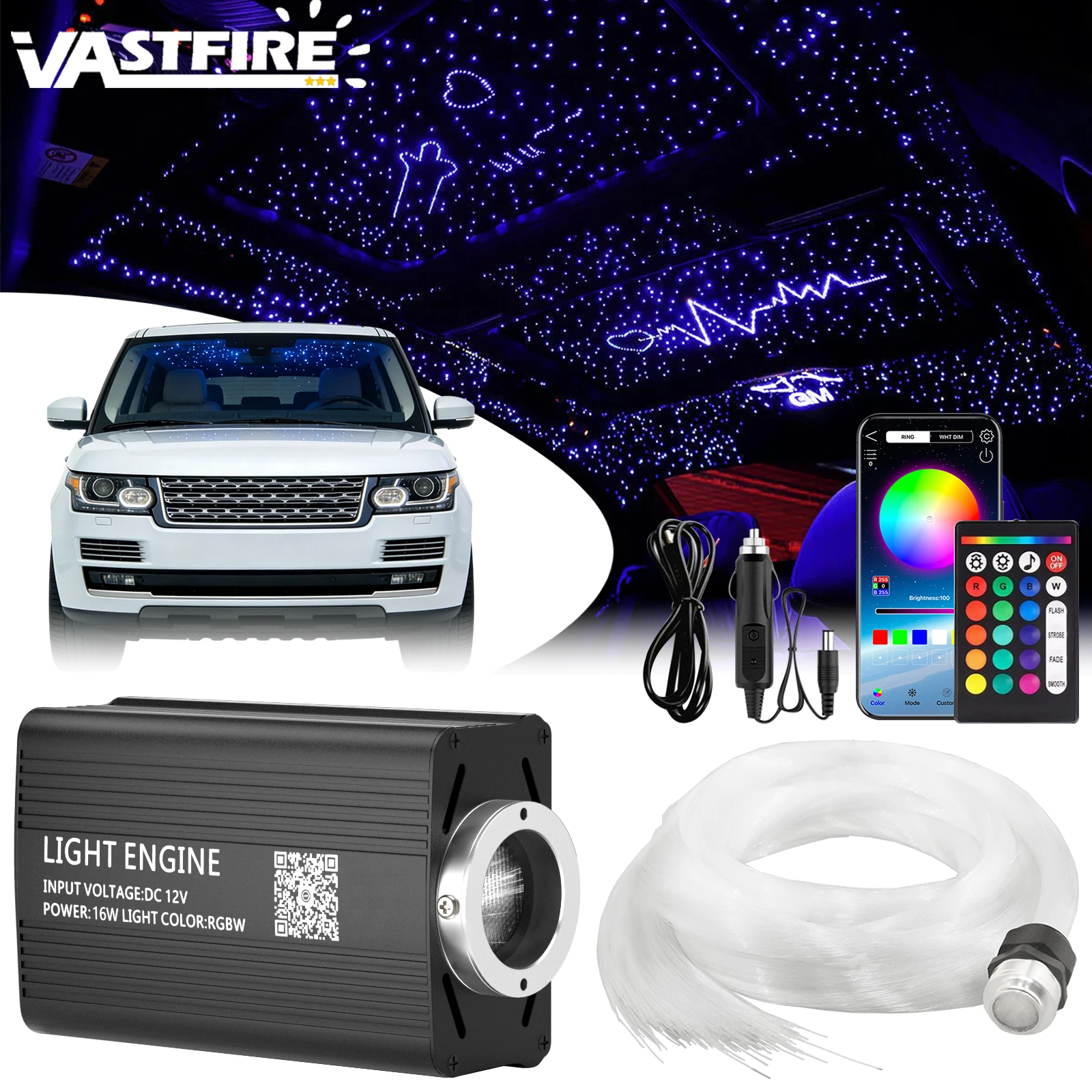 VASTFIRE High Brightness 16W 500/1000pcs Fiber Optic Starlight Headliner Kit 0.02in/0.03in 6.5ft Fiber Strands RGBW Sound Activated APP Remote Control for Car Home Roof Ceiling Decoration, and More Than 10 Million Colors