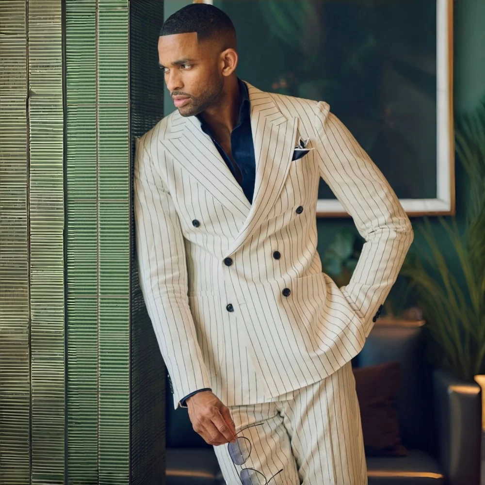 White Vertical Stripe Men Suits for Guest Double Breasted Wedding Prom Suits Slim Fit 2 Pieces Formal Blazer Pants Set Banquet
