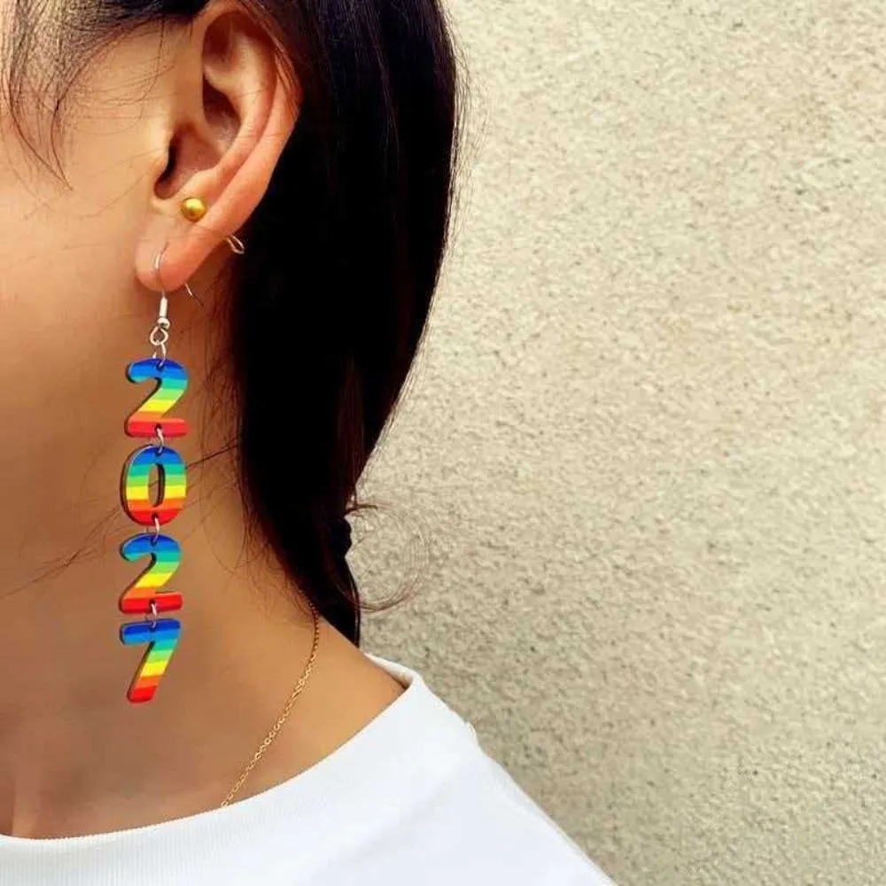 Fashion 2027 Digital Earrings Bohemian Style Welcome a New Beginning Happy New Year Earrings Long Drop Elegant Stud Earrings