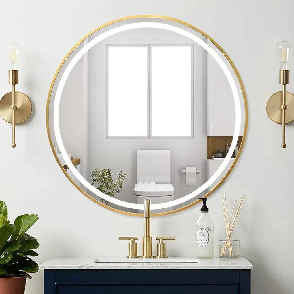 Round Gold LED Mirror for Bathroom , LED Vanity Mirror with Metal Frame, Anti-Fog, Stepless Dimmable, 3 Colors Temperature