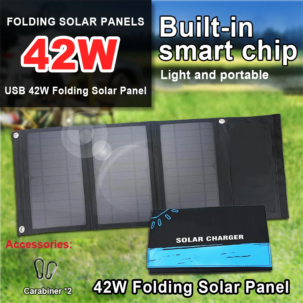 42W 3 Folding Solar Waterproof Battery Pack USB Interface 5V Portable Solar Power Bank Suitable for Outdoor Camping Hiking