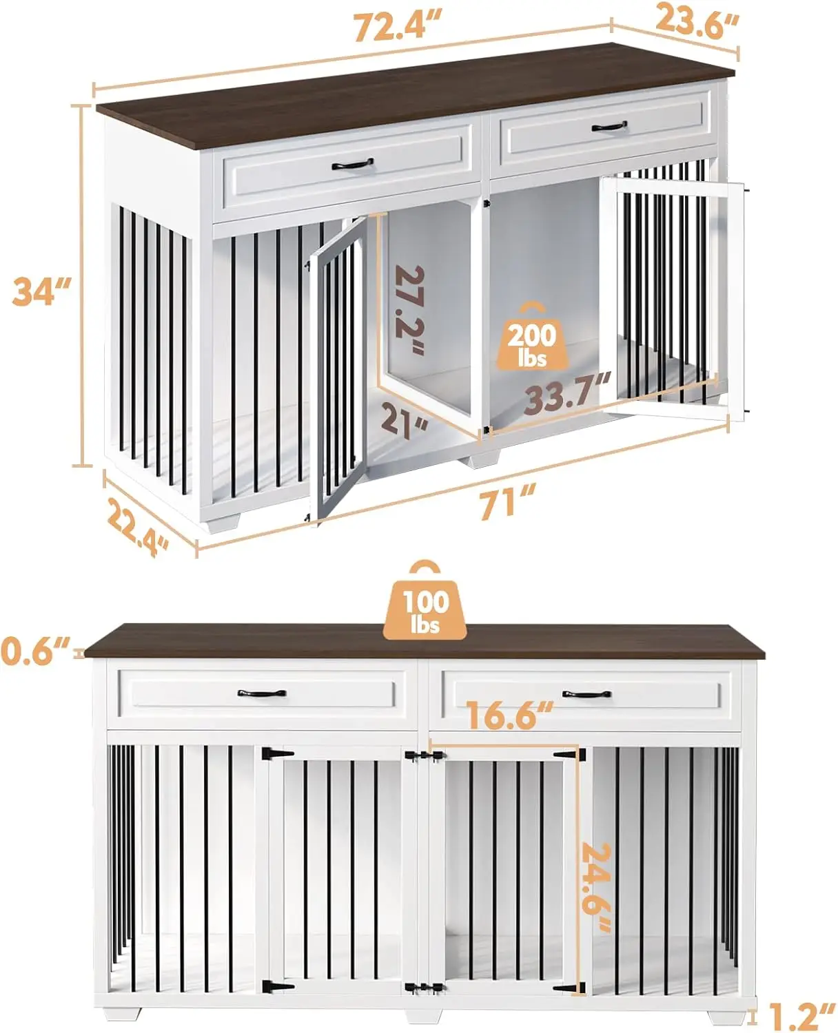 أثاث صندوق الكلاب، بيت قفص خشبي داخلي مقاس 72.4 بوصة، طاولة نهاية مزخرفة حديثة مع غرف مزدوجة، درجين