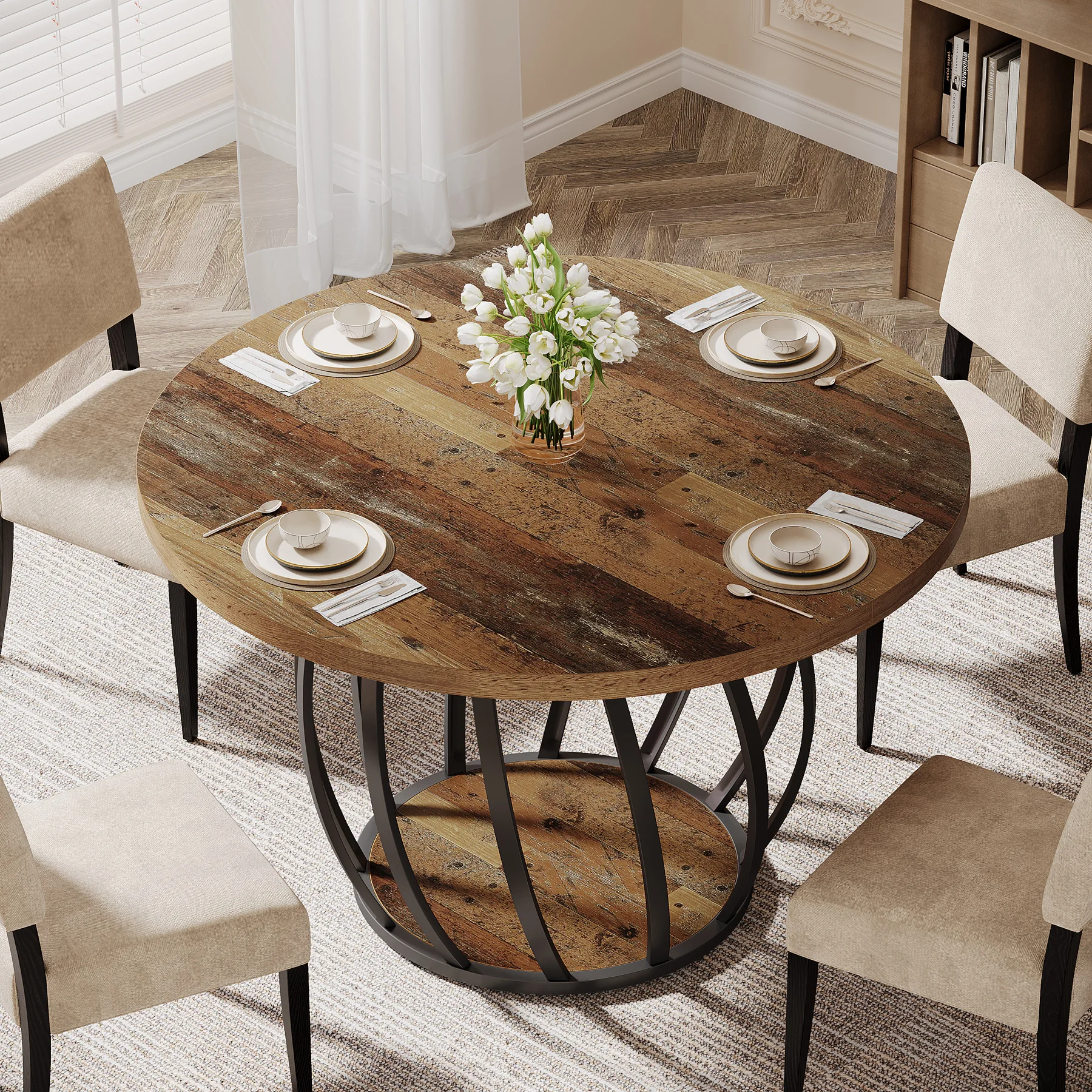 طاولة طعام مستديرة من Tribesigns، مقاس 46 بوصة (118 سم) طاولة مطبخ خشبية مع قاعدة معدنية قوية تتسع لـ 4-6 أشخاص، بني ريفي