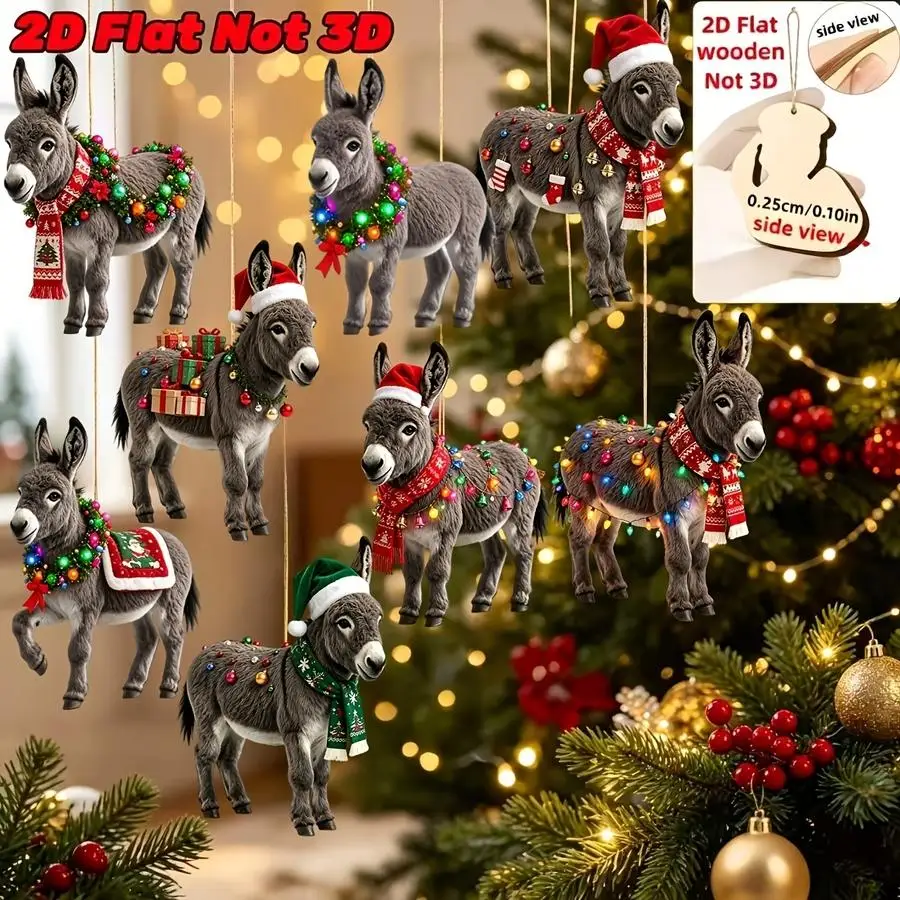 1/5/10/20/50/100pcs Set of 8 2D wooden Christmas donkey ornaments, featuring donkeys dressed in different Christmas outfits. Chr