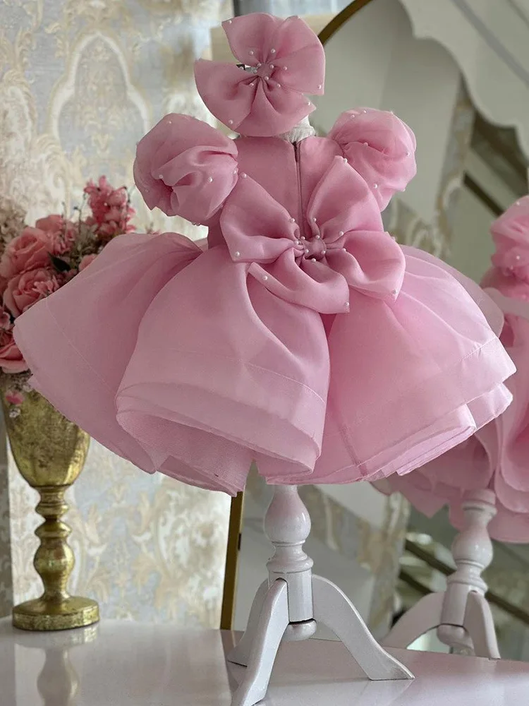 Prinzessin Rosa Blumenmädchenkleid für Hochzeit Tüll Puffy Perlen Kurzarm mit Schleife Mädchen Klavier Performance Formelle Ballkleider