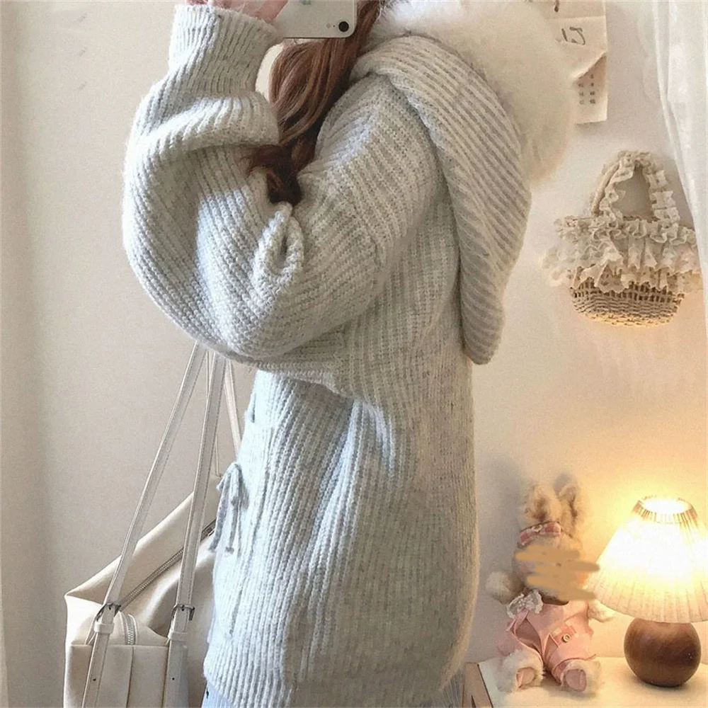 الخريف الشتاء الرمادي اليابانية الحلو الحياكة سترة فضفاضة كسول طويلة الأكمام Kawaii مقنعين سترة مع جيب خمر قمم لطيف #2