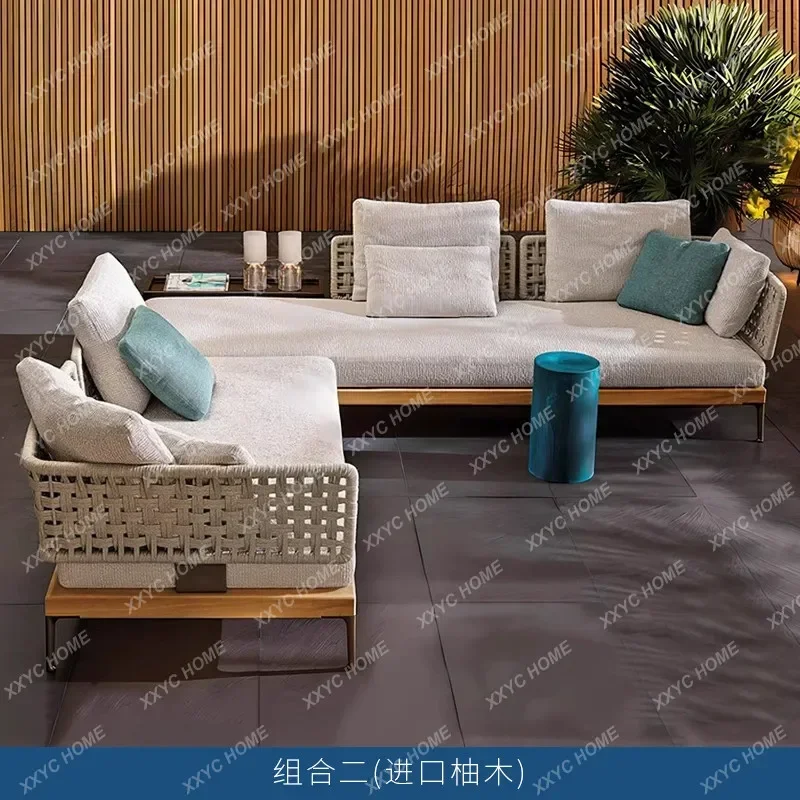 Outdoor Rattan Woven Sofa Courtyard Open-Air Hotel Villa High-End Teak Combination Sofa Leisure Multi-Person