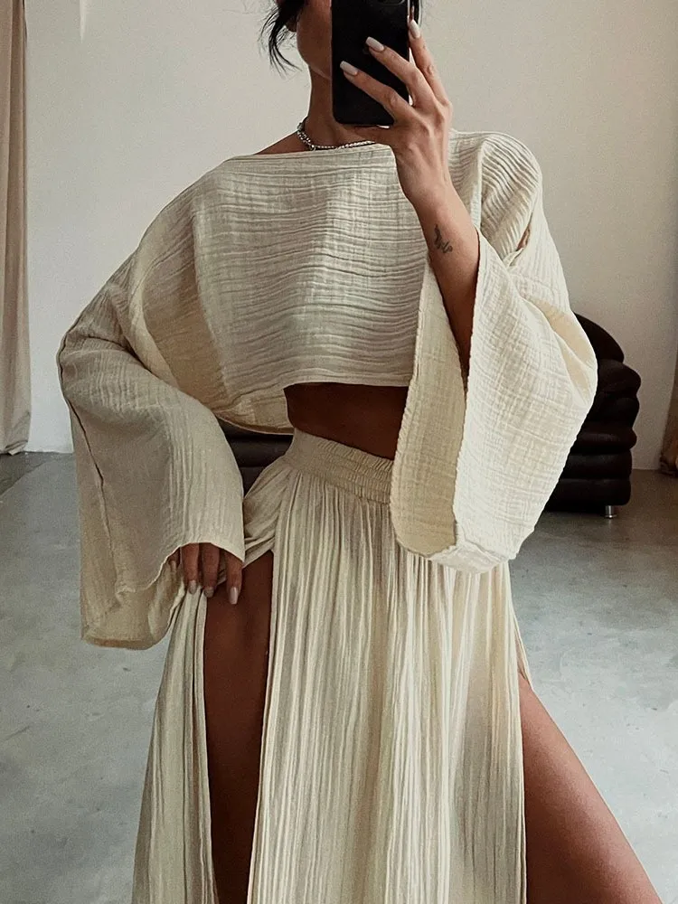 Casual Holiday Style Simple Solid Color Skirt Set Linen Blended Short Top High Waist Chic Split Cotton Linen Two-piece Set - Image 2