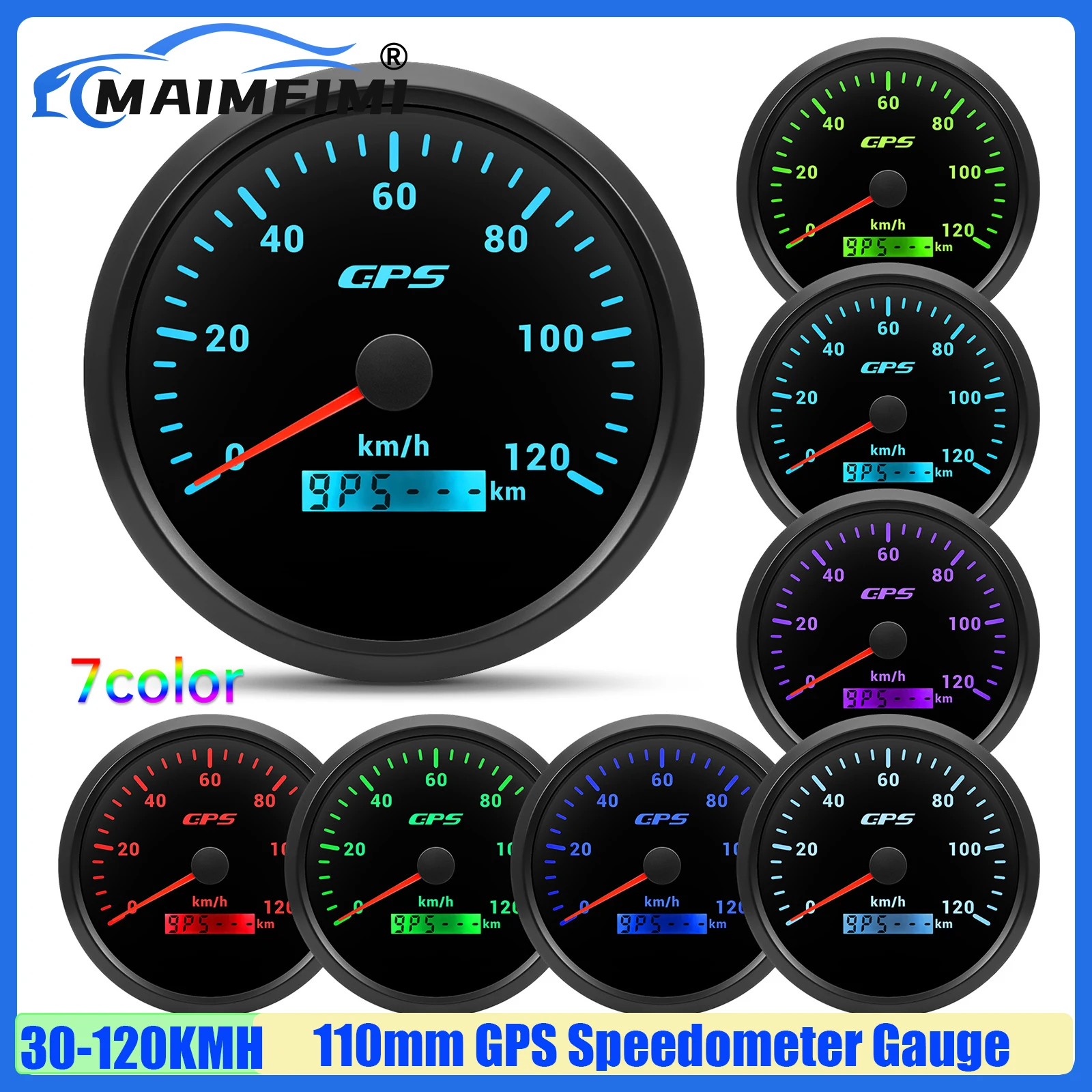 

MAIMEIMI 110MM GPS Speedometer Gauge 7 Color Backlight 30KMH,60KMH,80KMH,120KMH,200KMH Speed Meter Waterproof for Car Boat Yacht