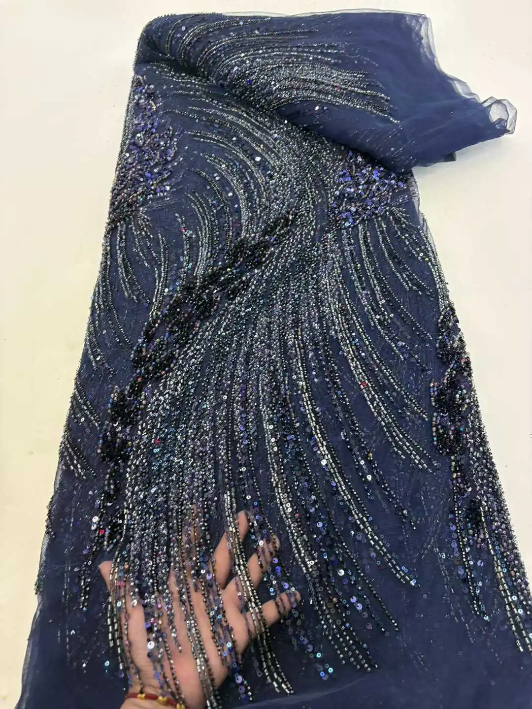 

African Sequins Beaded Lace Fabrics High Quality French Embroidery Beads Lace Fabric for Nigerian Wedding Sewing