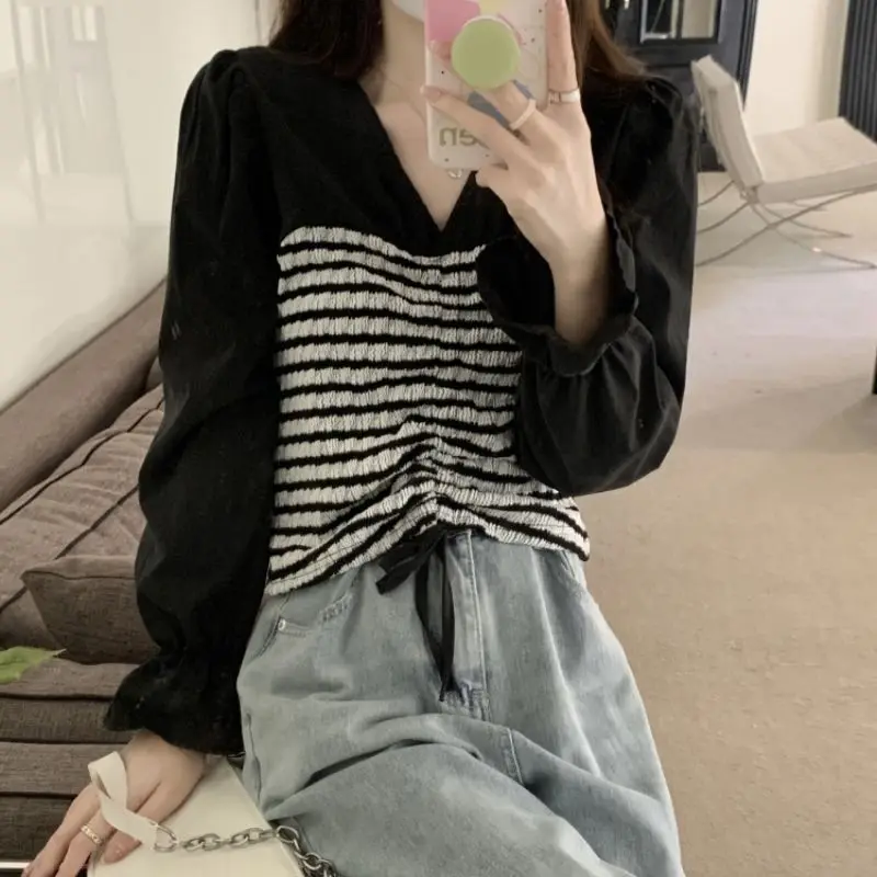 

Nice Femme Spring Autumn Korean Loose Simplicity Striped Shirring Color Blocking V-neck Women Clothing Young Style Long Sleeve T