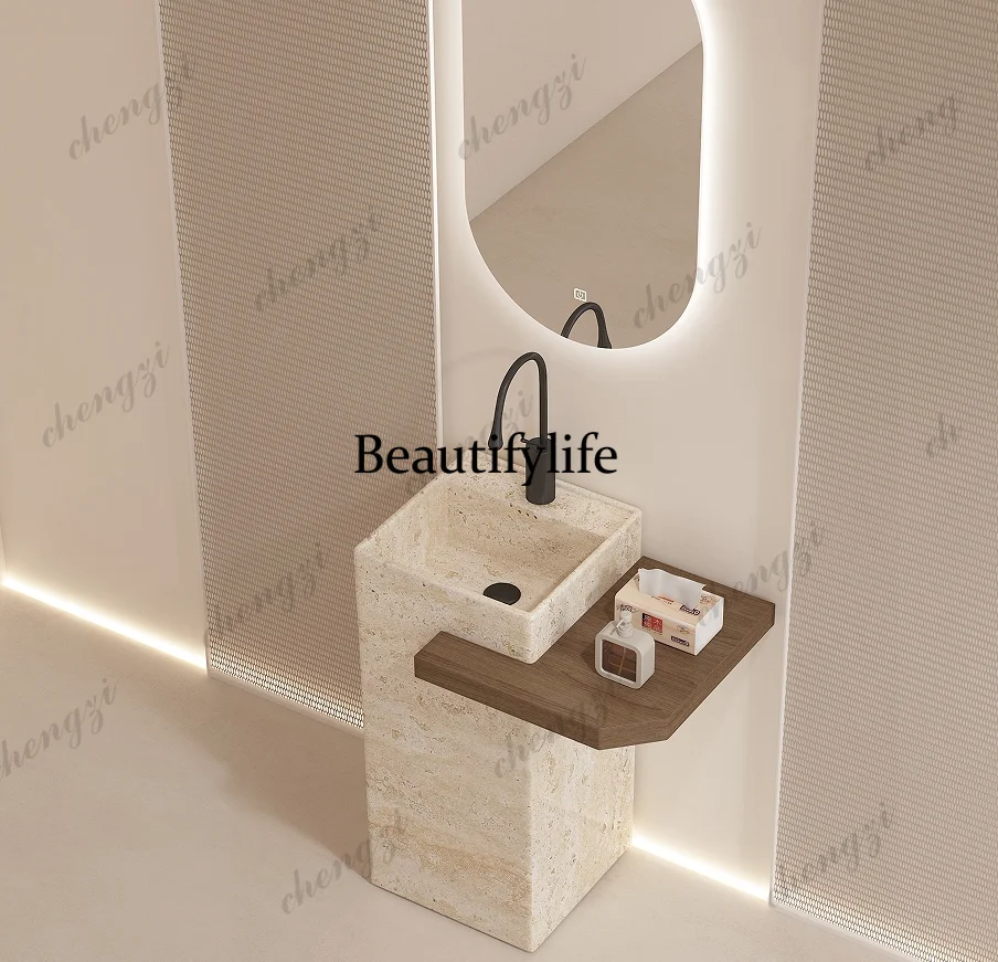 Integrated ceramic cave stone pattern column basin custom size rock slab rack column type, washbasin
