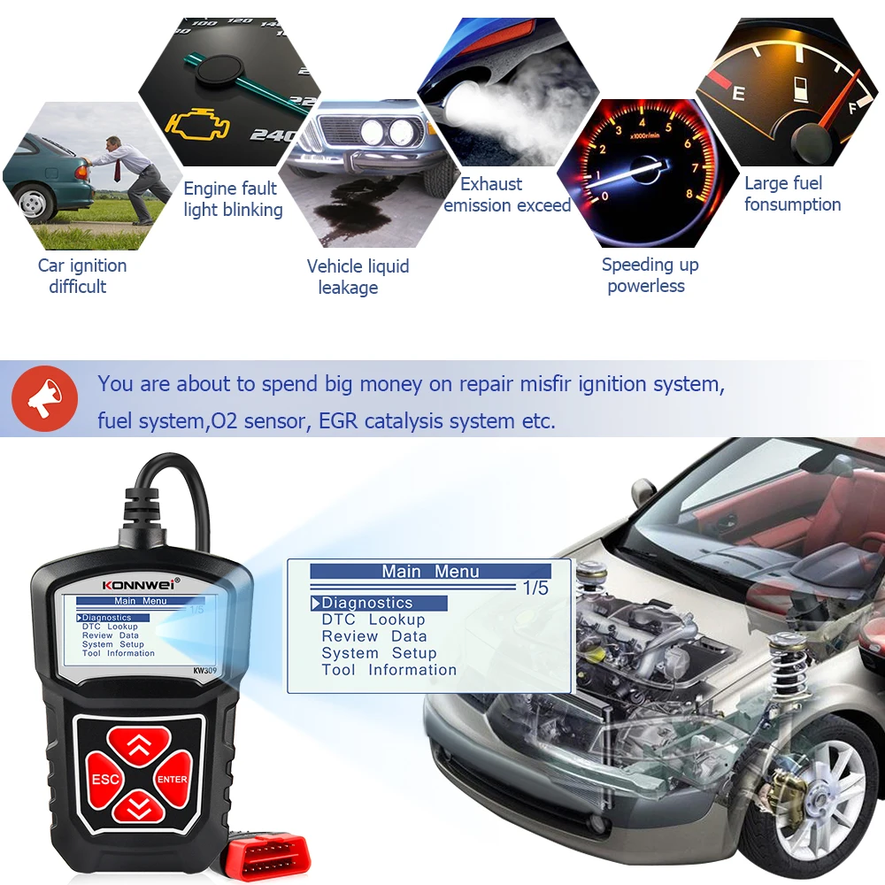 2026 KONNWEI KW309 أداة تشخيص الماسح الضوئي obd2 للسيارات 12 فولت EOBD رمز خطأ البيانات الحية قراءة أداة تشخيص المسح PK Elm327