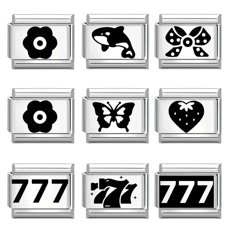 2025 Wholesale Laser Engraving Eyes Stars Digit 777 5 Italian Charm Links Fit 9mm Stainless Steel Bracelet Women DIY Making
