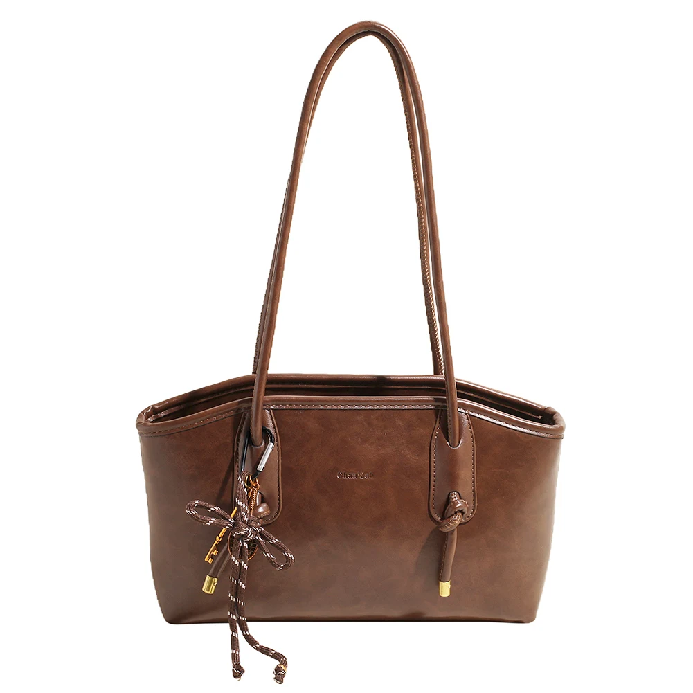 Women Leather Shoulder Bag with Pendant Hobo Bag Stylish Tote Bag (Brown)
