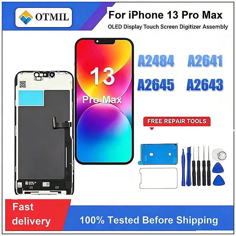 Écran OLED pour iPhone 13 Pro Max, remplacement d’écran, écran tactile, ensemble complet, kit d’outils de réparation, installation facile.