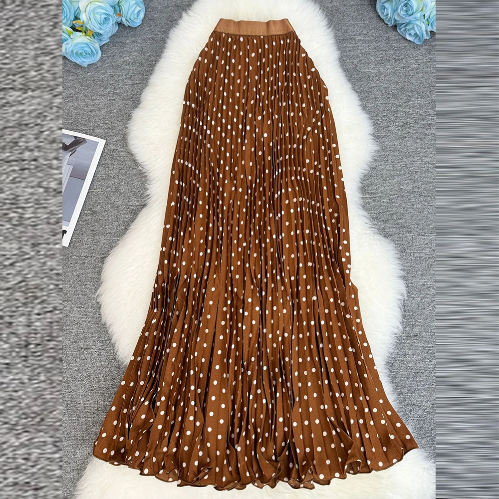 جديد ارتفاع الخصر التنانير الطويلة النسائية 2026 ماكسي مطوي تنورة النساء الملابس الأنيقة مكتب سيدة الموضة لامع نقطة تنورة #6