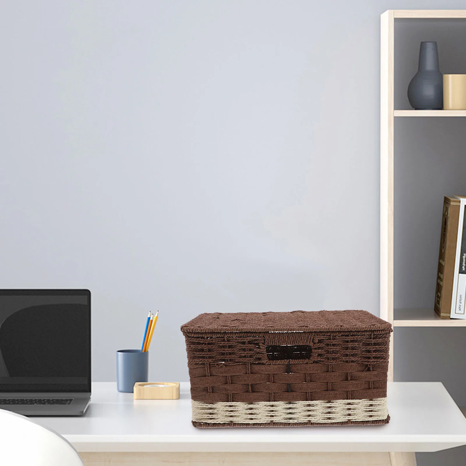 

Woven Storage Box Minimalist Design Sturdy Material Protective Lid Versatile Multi-Function Desktop Organizer for Home Office