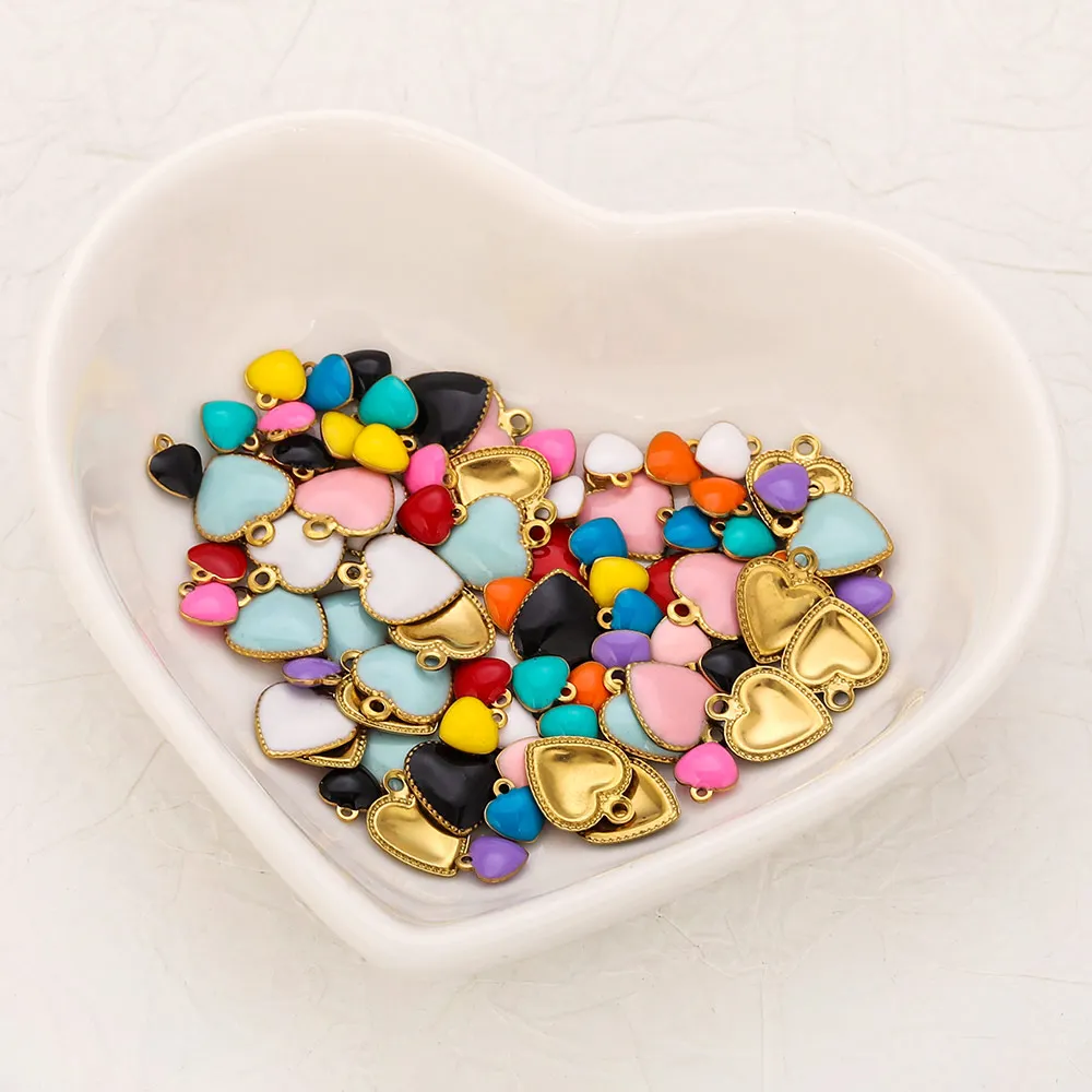 20 piezas de acero inoxidable, esmalte Multicolor, corazón, pequeños dijes chapados en oro, DIY, collar, pulsera, materiales para hacer joyas, venta al por mayor