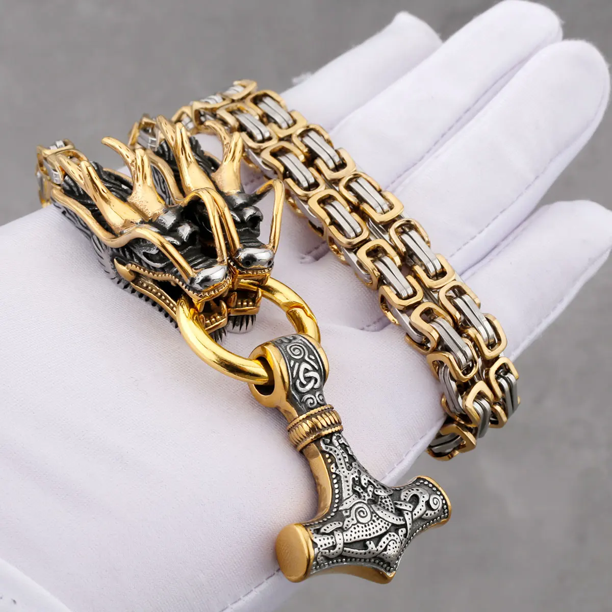 Men\'s Stainless Steel Viking Thor\'s Hammer Pendant Dragon Head Square Necklace Hip Hop Biker Fashion Jewelry Gift Wholesale