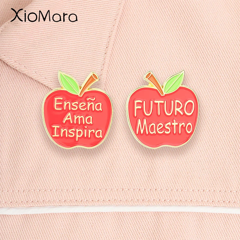 Spanish Teacher Apple Enamel Pins Enseña Ama Inspira Futuro Maestro Brooches Lapel Badge Jewelry Gift for Educators Friends
