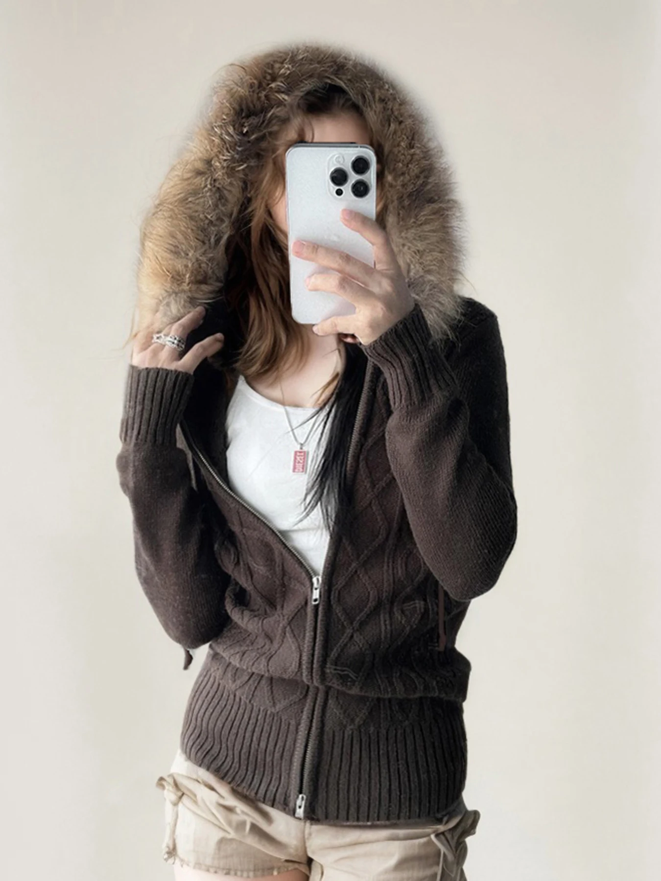 Rockmore Furry Hoodie Sweaters Coat Women Fall Winter Y2K Retro Zipper Fur Hooded Sweater Jacket Korean Female Casual Knitwear