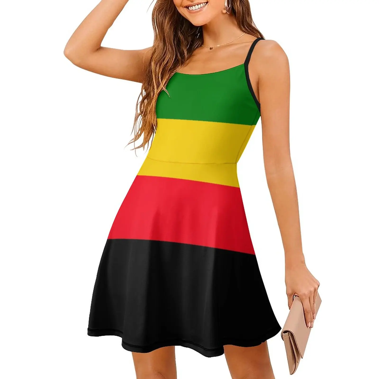 

Exotic Woman's Dress Strappy Dress Green Yellow And Red Rasta Flag Women's Sling Dress Hot Sale Vacations Funny Novelty