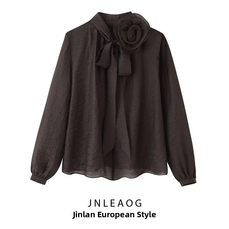 JNLEAOG Autumn New Style Women's Casual Shirt Pure Color with  Knot Flower Design Polyester Long Sleeve Dress Shirt