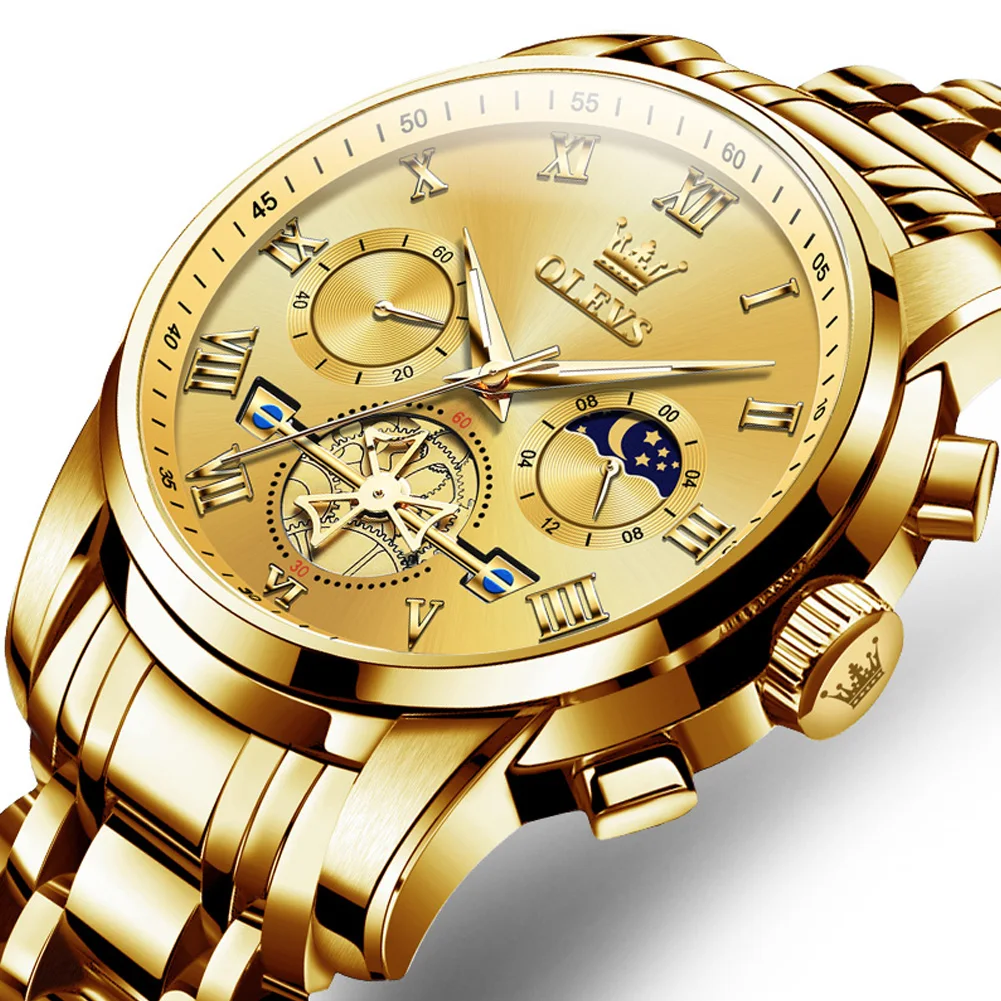 OLEVS Moon Phases Mens Watches Top Luxury Brand Sport Waterproof Watch Men Gold Stainless Steel Quartz Clock Date WristWatches