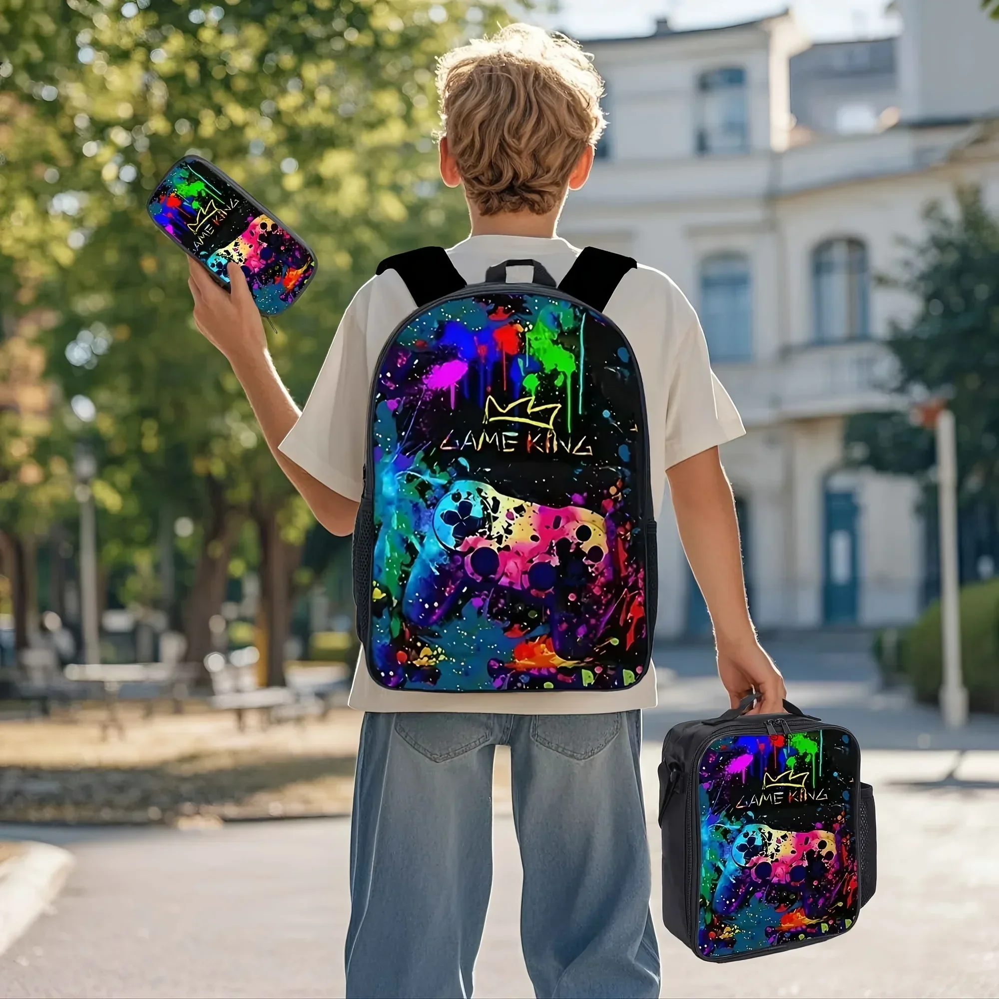 Custom Bag Game Controller Pattern Cartoon Boy 3pcs Set Backpack, For Teenager, For Teenager