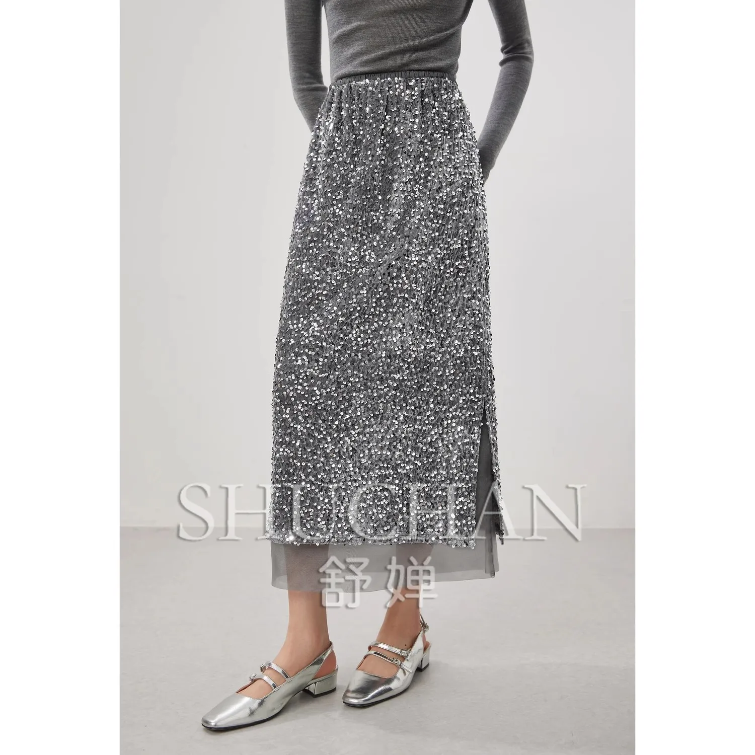 Good Quality Heavy Industry Velvet Sequined Side Split Skirt Women Faldas Mujer Moda 2024 Skirts for Women