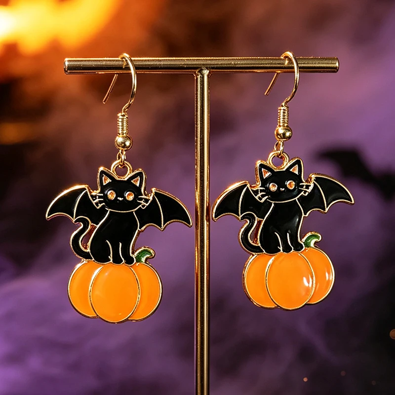New Halloween Black Cat Bat Pumpkin Metal Earrings Gothic Witch Earrings Women's Thriller Festival Party Dress up Jewelry Gifts