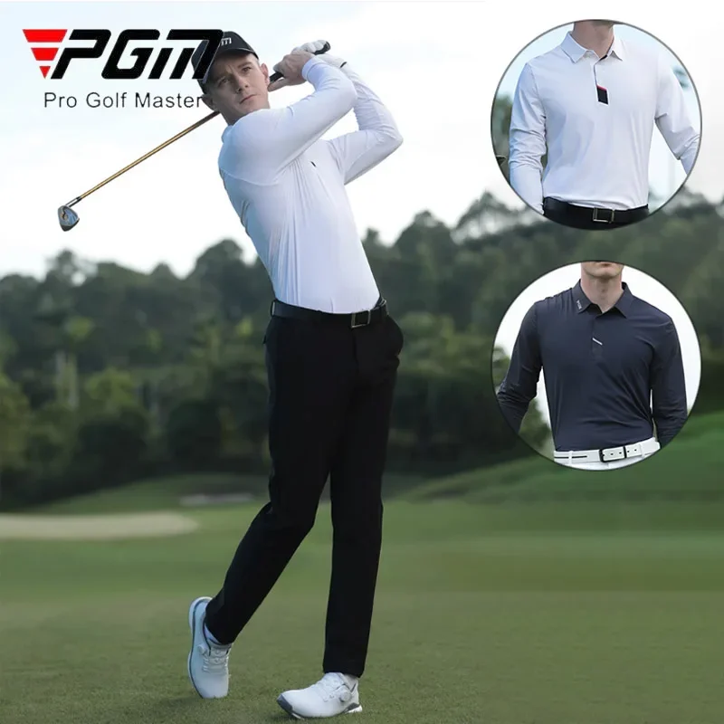 

PGM Men Quick-Dry Golf T-shirt Male Breathable Long Sleeve Shirt Autumn Spring Men Polo Collar Tops Elastic Casual Golf Apparel