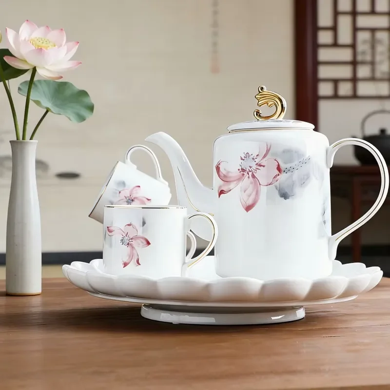 Chinese Ceramic Tea Set with Teapot and Cups Elegant Household Water Set for Living Room Reception Guests High End Luxury