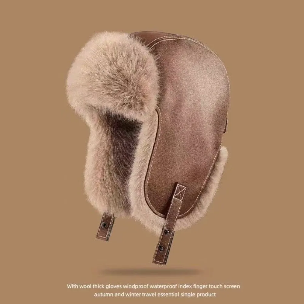 Faux Leather Winter Warm Hat Thick Material Ear Flap Design Thick Faux Fur Lined Hat Warm Lining Windproof Construction Snow Cap